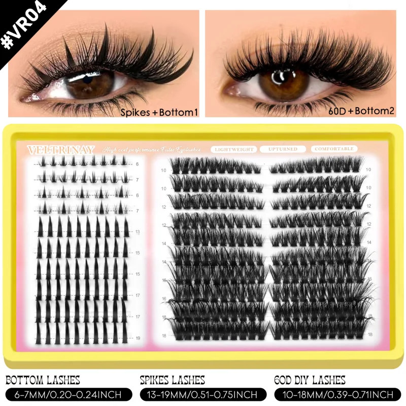 4-in-1 208pcs Lash Clusters 1style Manga Lash+2 style Spiky Botoom Lash+1 style Cat Eye Eyelashes DIY Clusters Lashes