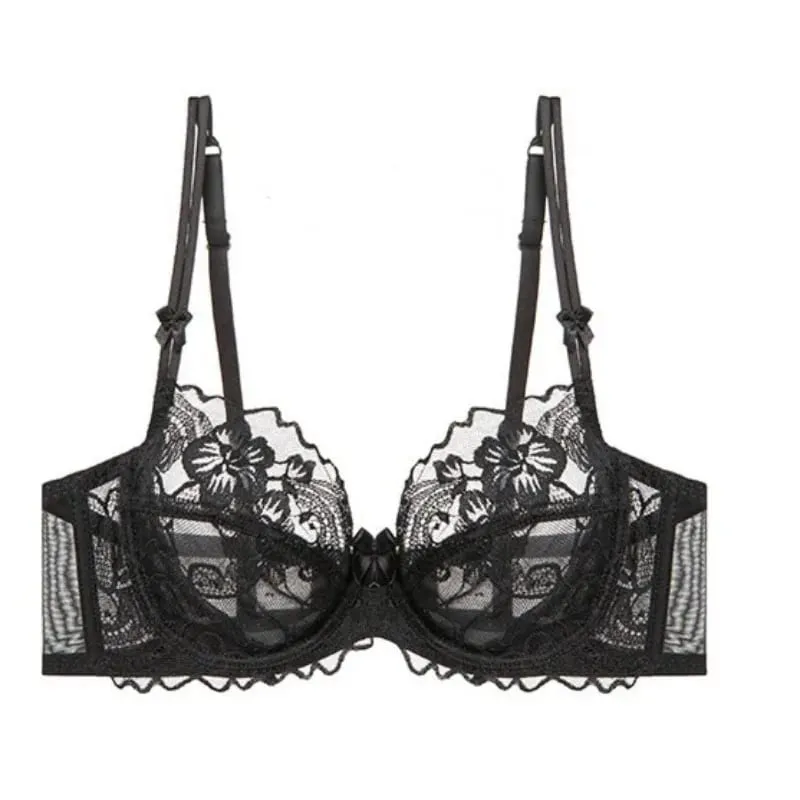 French Ultra-thin Lace Lingerie Set for Large Breasts Sexy See-through Underwire small Bust Lift Anti-sag Soft Comfy Daily Set