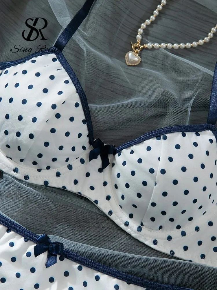 French Polka Dot Print Lingerie Sets Ladies Strap Underwire Bra+Sweet Briefs Hotsweet Vintage Underwear 2Pcs Suits — image 3