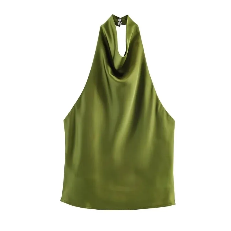 Women's Satin Halter Neck Sleeveless Top Summer Elegant Draped Collar Blouse Smooth Chic Office Party Wear Evening Outings