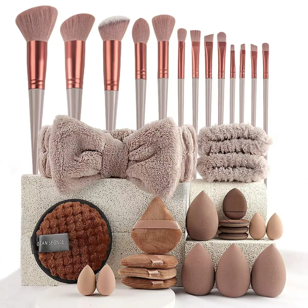 Kit de maquillage 33 pièces, grandes et petites éponges de beauté pour une application et un démaquillage impeccables, ensemble complet