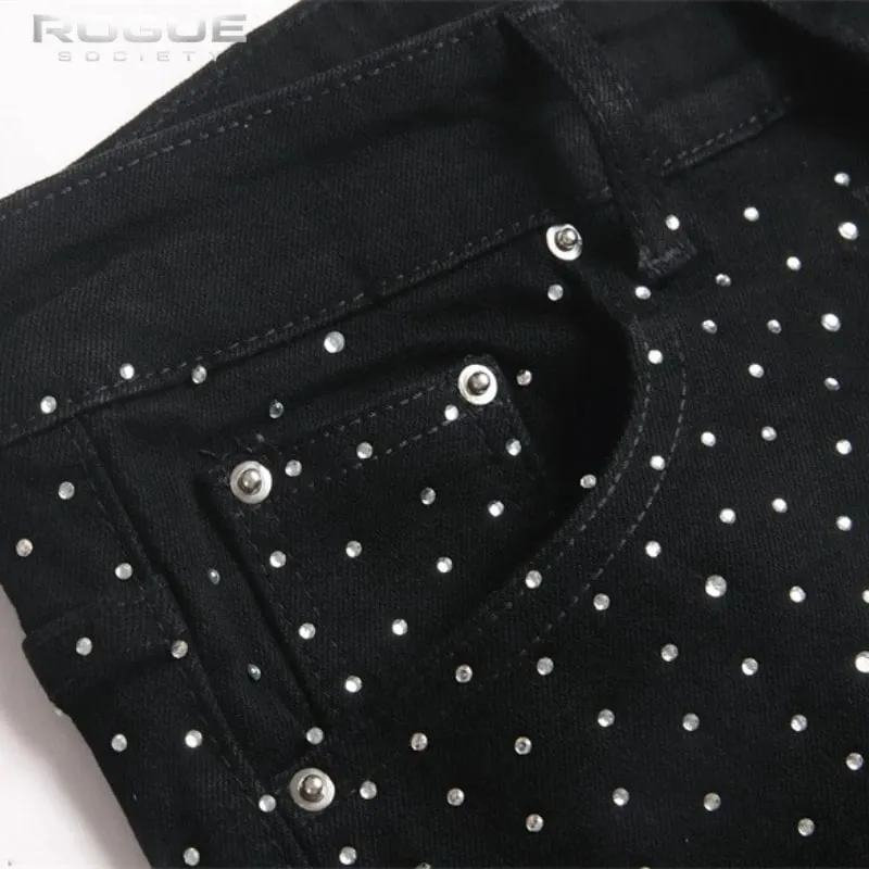 Punk Flame Rhinestone Jeans Men Harajuku Black High Street Elastic Streetwear Y2K Grunge HipHop Casual Denim Pants Unisex Edgy