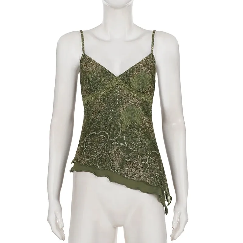 Fairycore Y2K Women Cami Top Floral Print Lace Patchwork Asymmetric Hem Spaghetti Strap Slim Sleeveless Streetwear Cami