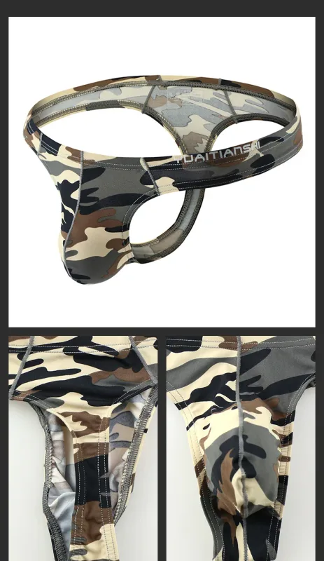 Men's Camo Print thong Gay Underwear Breathable 3D-Pouch Men G-String Bikini Elastic Waistband T-pants Seamless Male T-back