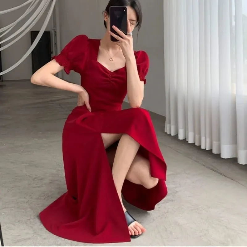 Solid Puff Kortærmet Elegant Slidkjole Ny Mode Kvinder V-hals Fuld Kjoler Dame Højtalje Slank Aftenfest Vestidos