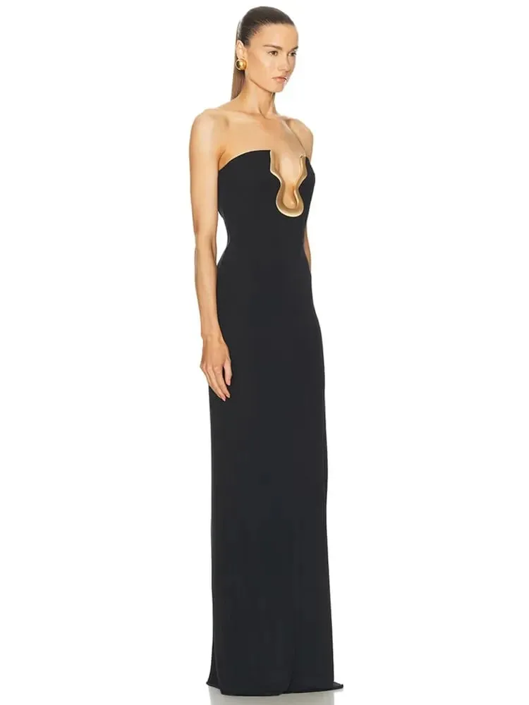 2025 Kvinder Berømthed Sexet Stropløs Rygløs Sort Maxi Lang Bodycon Bandagekjole Elegant aftenklub festoutfit