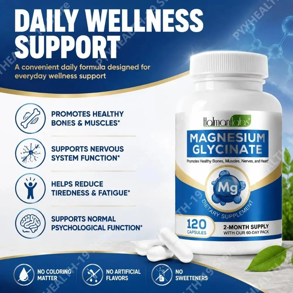 Magnesium Glycinate Capsules with 208mg Elemental Bisglycinate for Healthy Bone Muscle & Nerve Support Adults 120 Capsules