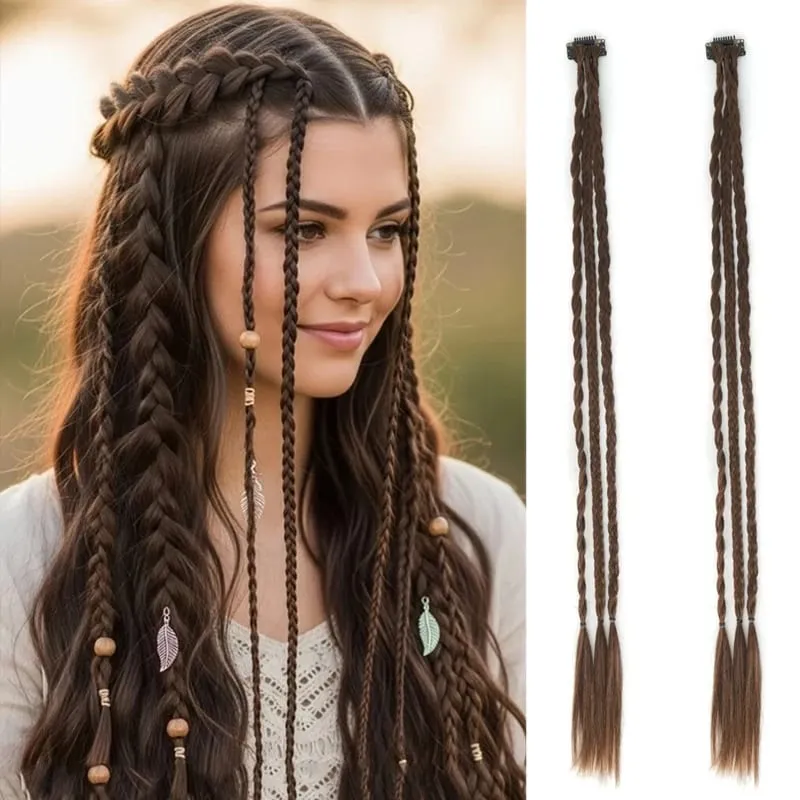 2Pcs Clip‑in Y2K Boxer Braid Ponytail One Clip Three Braids Long Synthetic Fake Hair Extensions For Women