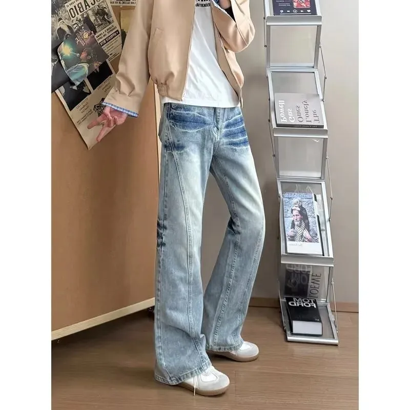 Men's Lightning Pattern Denim Jeans High Street Style Spring Blue Loose Fit Flared Pants Y2K Korean Fashion Tall Size