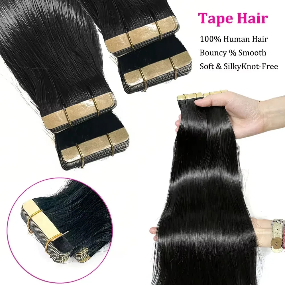 22 24 Inch Tape In Hair Extensions Human Hair Seamless Invisible Natural 1B Black Color 21Pcs/Pack 50g Remy Straight Brazilian 100% Pure Human Hair For Women