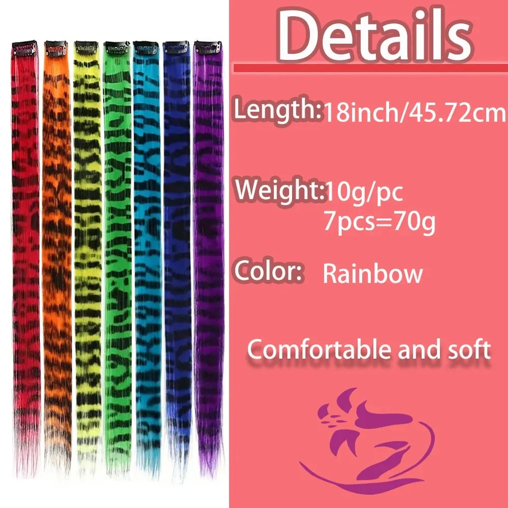 18' 7 Pcs Rainbow Long Straight Zebra Print Synthetic Feather Clip in Hair Extensions for Women Ideal Halloween Christmas