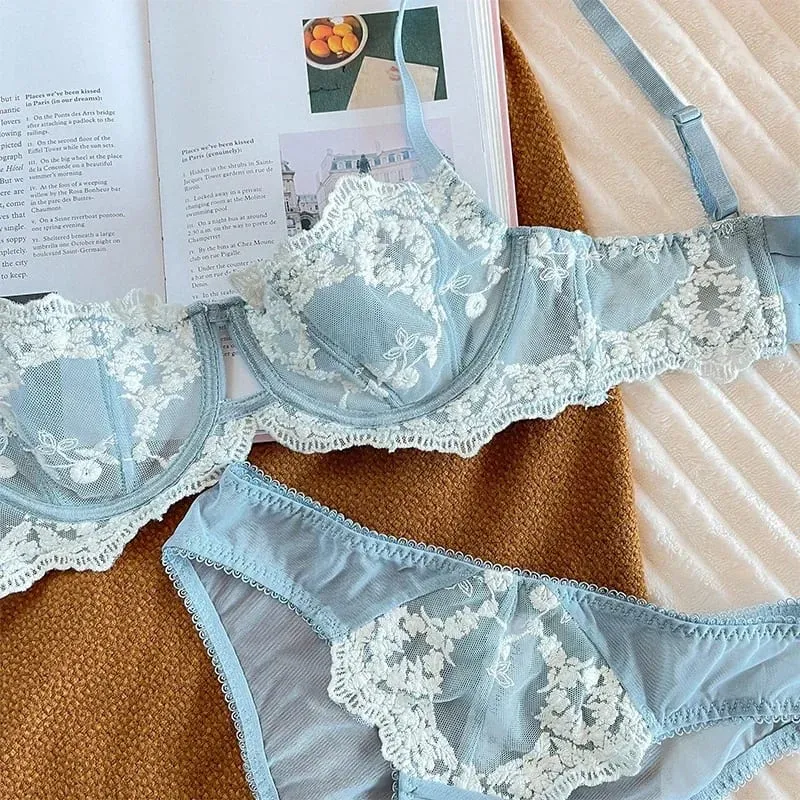 Embroidered Bralette & Panty Set for Women Ultra-Thin Comfort Underwire Support Large Size Lingerie