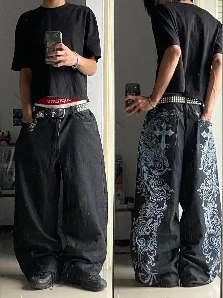 Y2K Vintage Gothic High Street Denim Black Wash Gradient Spine Spider Lily Print Wide Leg Jeans — image 12