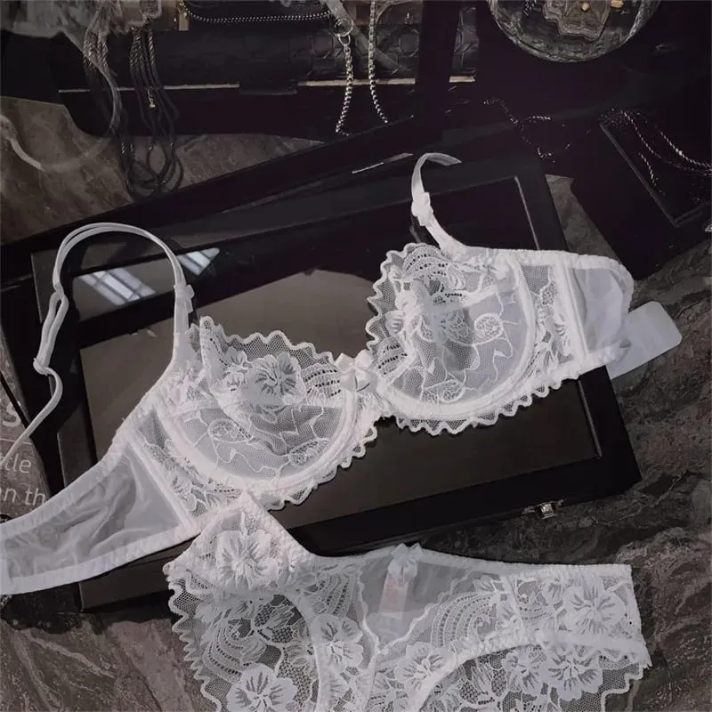 French Ultra-thin Lace Lingerie Set for Large Breasts Sexy See-through Underwire small Bust Lift Anti-sag Soft Comfy Daily Set