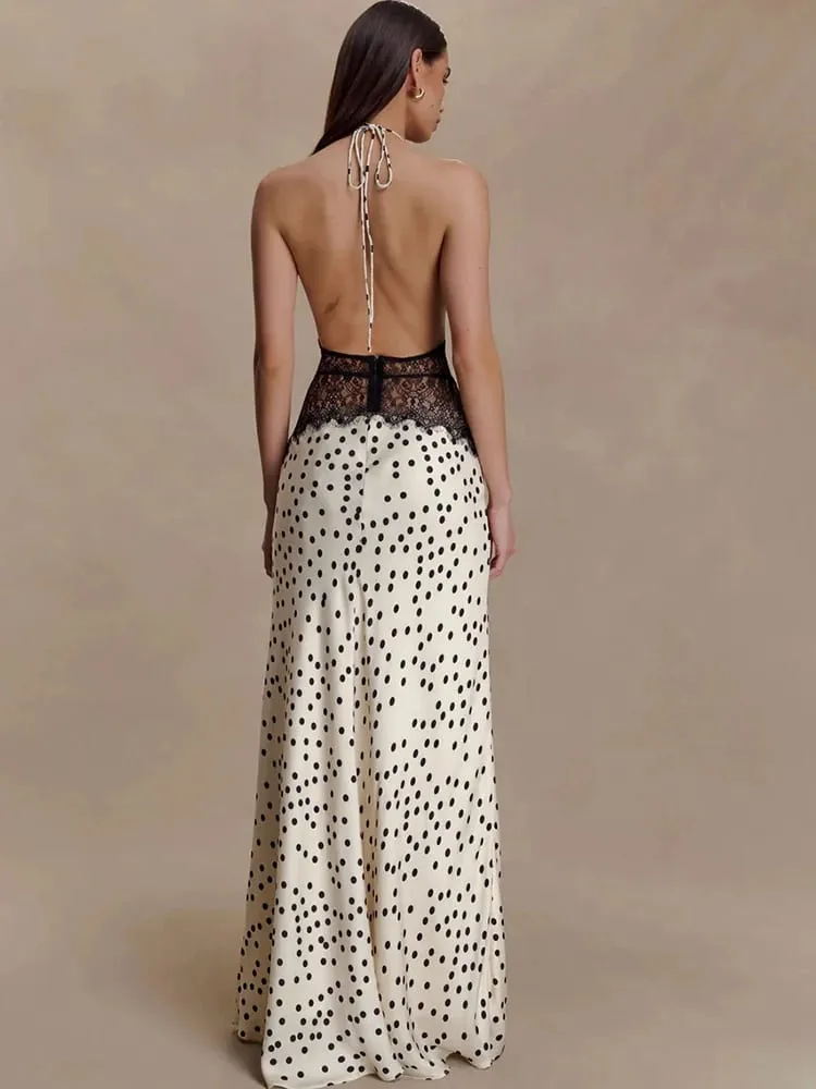 MO Patchwork Lace Print Polka Dot Halter Women Maxi Dress Sexy Backless Evening Dress Winter Skinny Elegant Party Dress — image 3