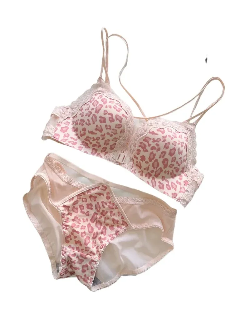 Pink Leopard Front Closure Bra Set Victoria Style Wireless Bra Push Up Enhance Bust 매력적인 Back Design for Small Bust Women — image 5