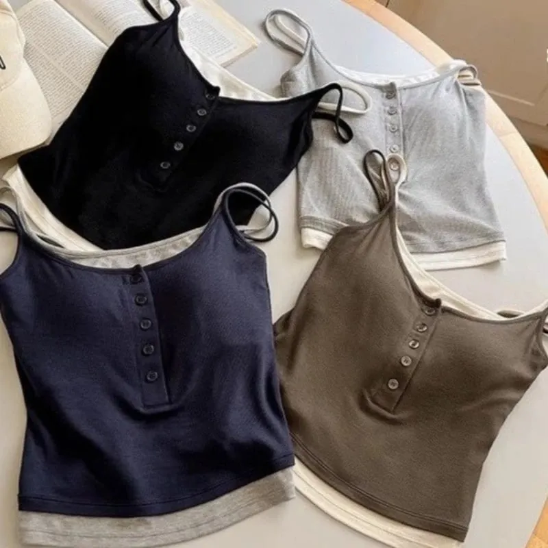 Spicy Girl Fake Two-piece Color Blocking Tank Top with Chest Pad Summer Spaghetti Strap Square Neck Button Casual Slim Fit Camis — image 1