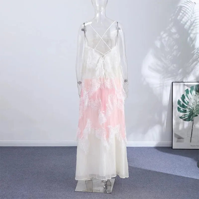 Lace Spaghetti Strap Puffy Dresses Women's Slim Sleeveless Backless Floor-length Dress 2026 New Ladies Summer Vacation Outfit