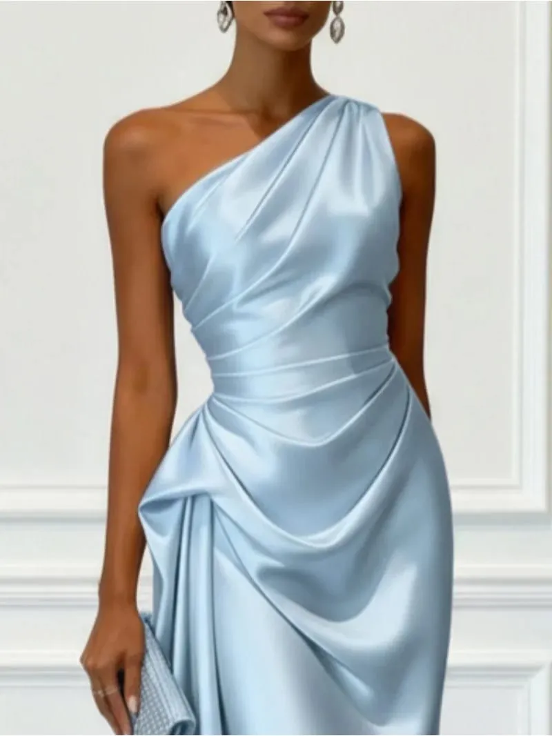 Elegant One Shoulder Satin Ruched Midi Dress for Formal Evening Cocktail Party — image 2