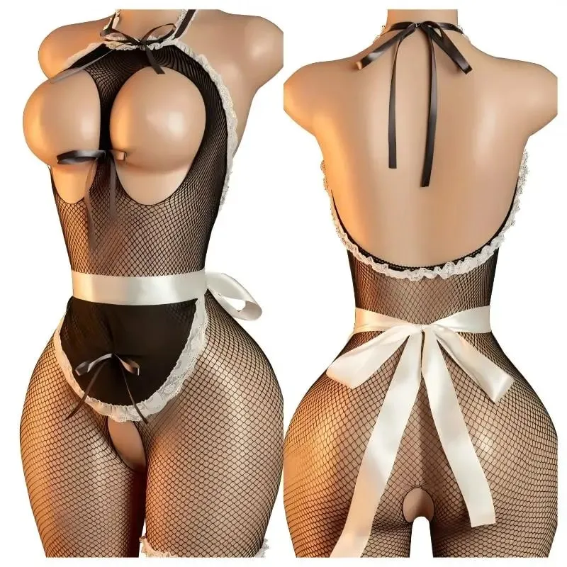 Hot Night Desire Outfit Sexy Lingerie Bodysuit Open-breasted Crotchless Body Suit Cosplay Body-Stockings For Adult Maid Costume
