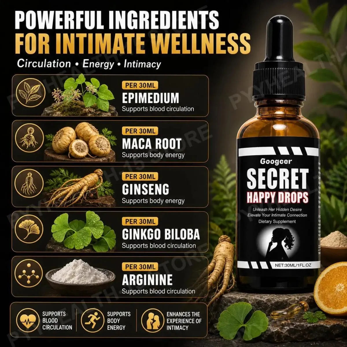 Googeer Secret Happy Drops Oral Drops Herbal Epimedium Maca Root Ginseng Ginkgo Biloba Support Blood Circulation Intimacy 30 ML