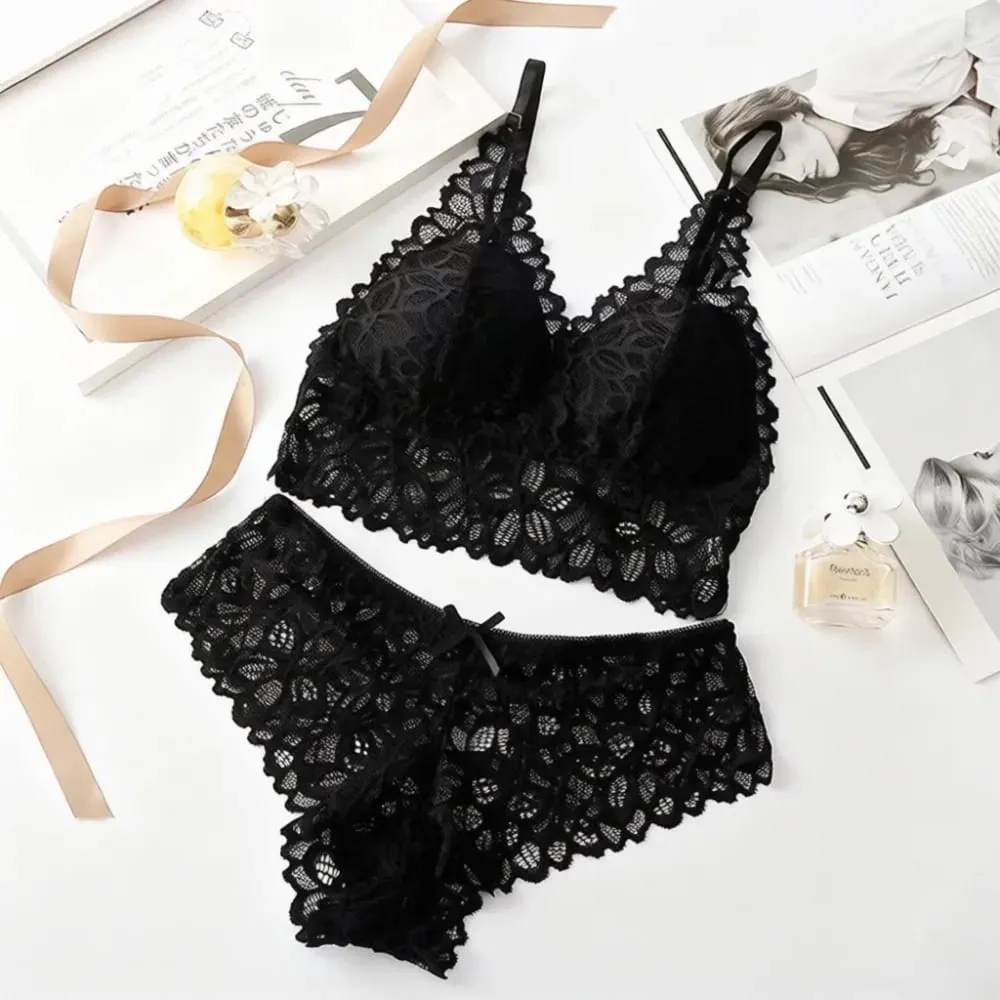 French Style Lace Lingerie Set Wireless Bra Panty Sexy Breathable Thin Cup Underwear Comfortable Gathered Intimate Wear — image 4