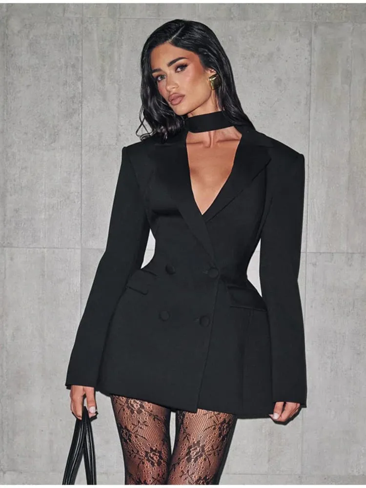 Chic Waist Cinching Mini Dress Women Elegant Full Sleeve Deep V-neck Double Breasted Short Dresses Lady Daily Party Street Gowns