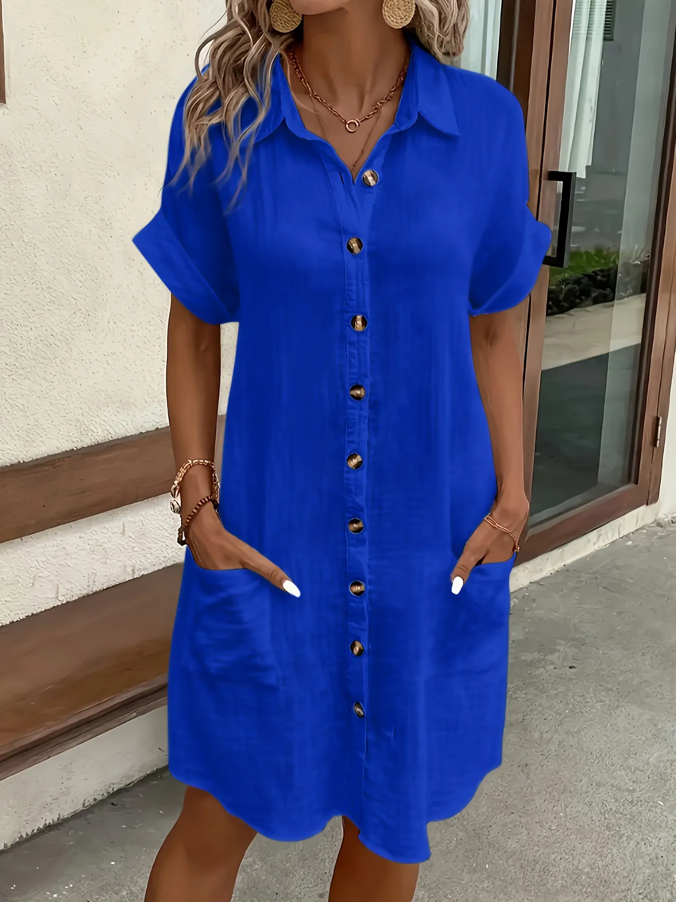 2026 European and American Cross Border Leisure Solid Color Cotton Hemp Buckle Long Short Sleeve Loose Shirt Dress Women's Wear