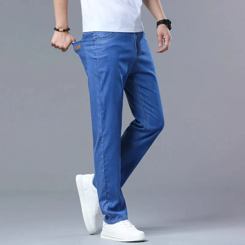 Lyocell Jeans Summer Ultra-Thin Elastic Straight Men's Denim Pants Fashion Korean Soft Drape Cool Business Casual Trousers