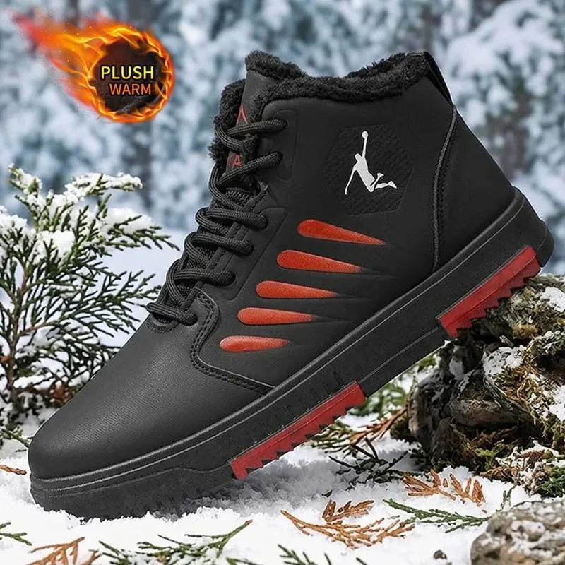 Men Winter Fleece Lined High‑top Sneakers Lace‑up Leather Upper Non‑slip Sole Warm Casual Skate Shoes For Daily Wear