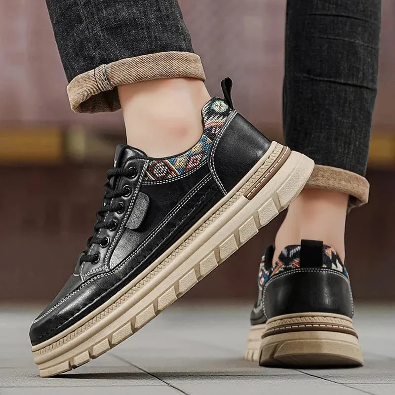 Men Spring Summer Casual Shoes Thick Sole Platform Sneakers Smooth Texture Woven Collar Lace Up Comfortable Footwear
