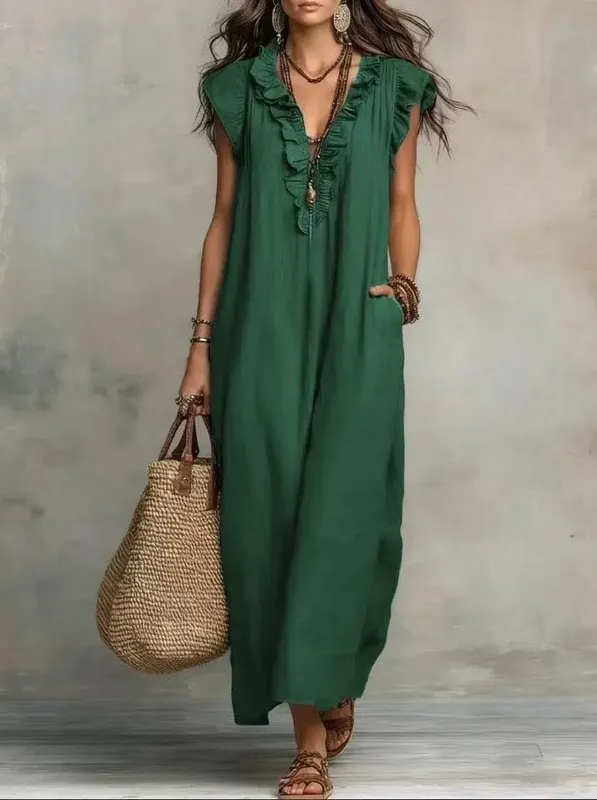 2026 verão feminino boho algodão linho maxi vestido cor sólida plissado decote em v sem mangas solto vestidos longos com bolsos casual praia