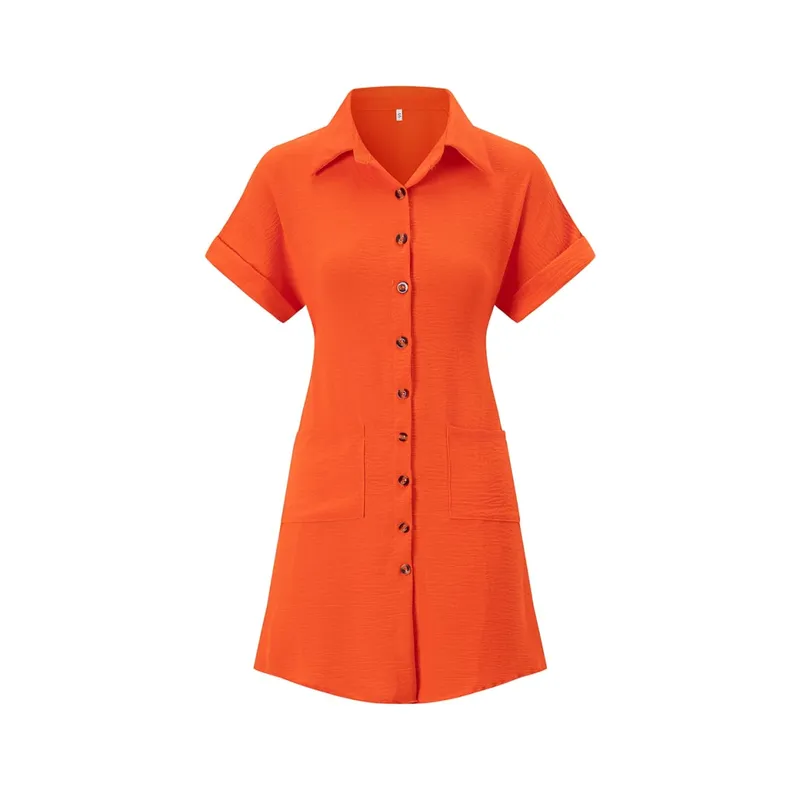2026 European and American Cross Border Leisure Solid Color Cotton Hemp Buckle Long Short Sleeve Loose Shirt Dress Women's Wear
