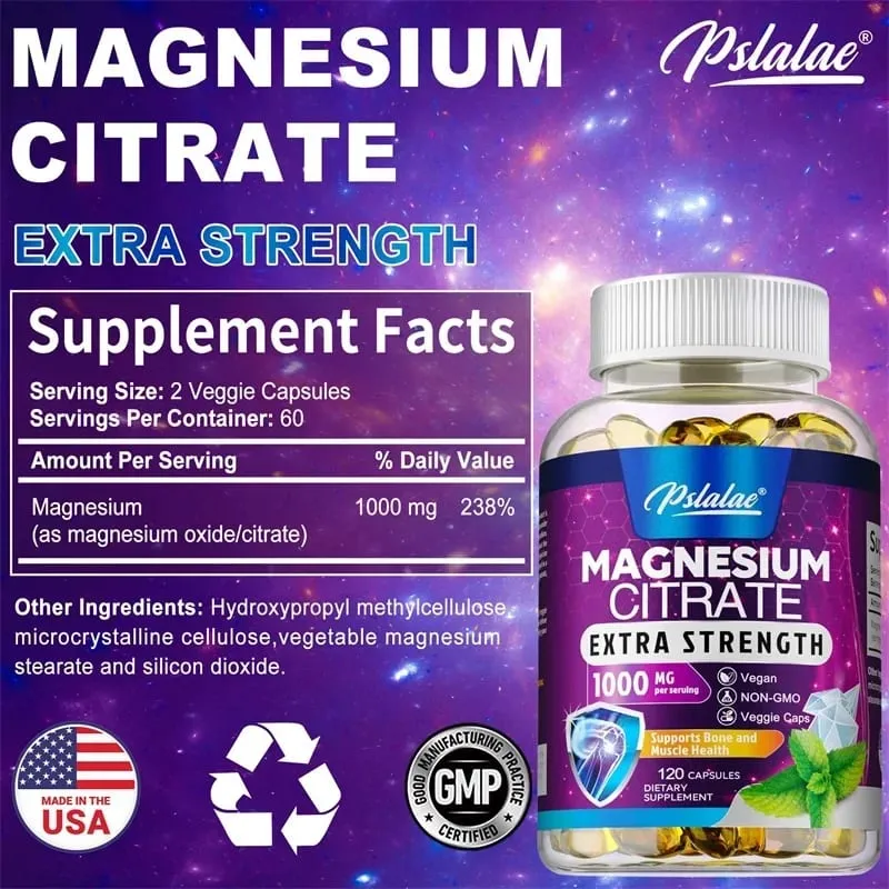 Magnesium Citrate Capsules - High Absorption Magnesium Citrate for Leg Spasms Muscle Bone and Heart Health — image 2