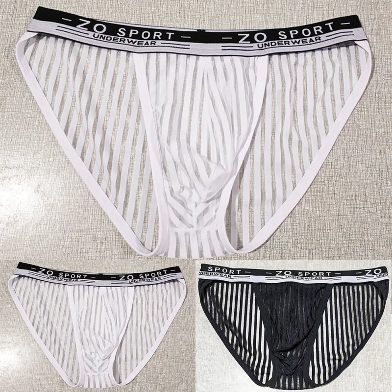 Striped Men's High Slit Sexy Pouch Underwear Ice Silk See Through Comfortable Male Triangle Briefs Man Underclothes