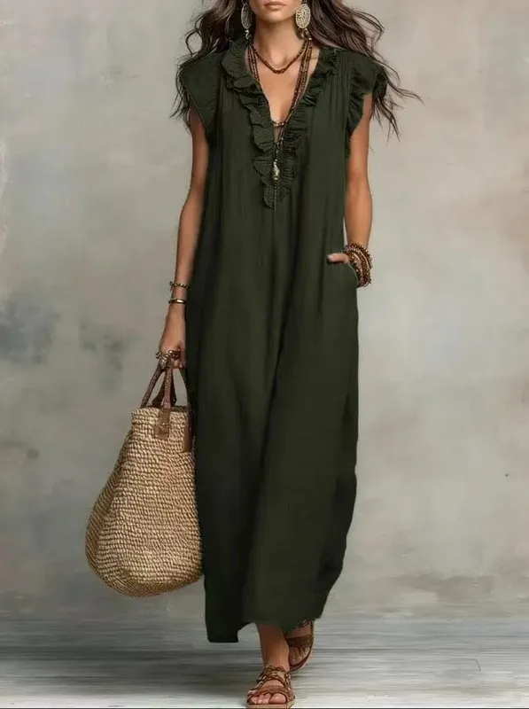 2026 verão feminino boho algodão linho maxi vestido cor sólida plissado decote em v sem mangas solto vestidos longos com bolsos casual praia