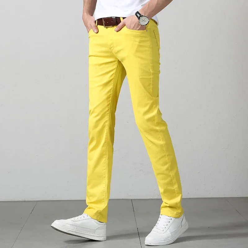 Elastic Cotton Slim Jeans Men Spring Korean Fashion Comfortable Casual Straight Leg Business Denim Trousers Yellow Pink Red — image 4