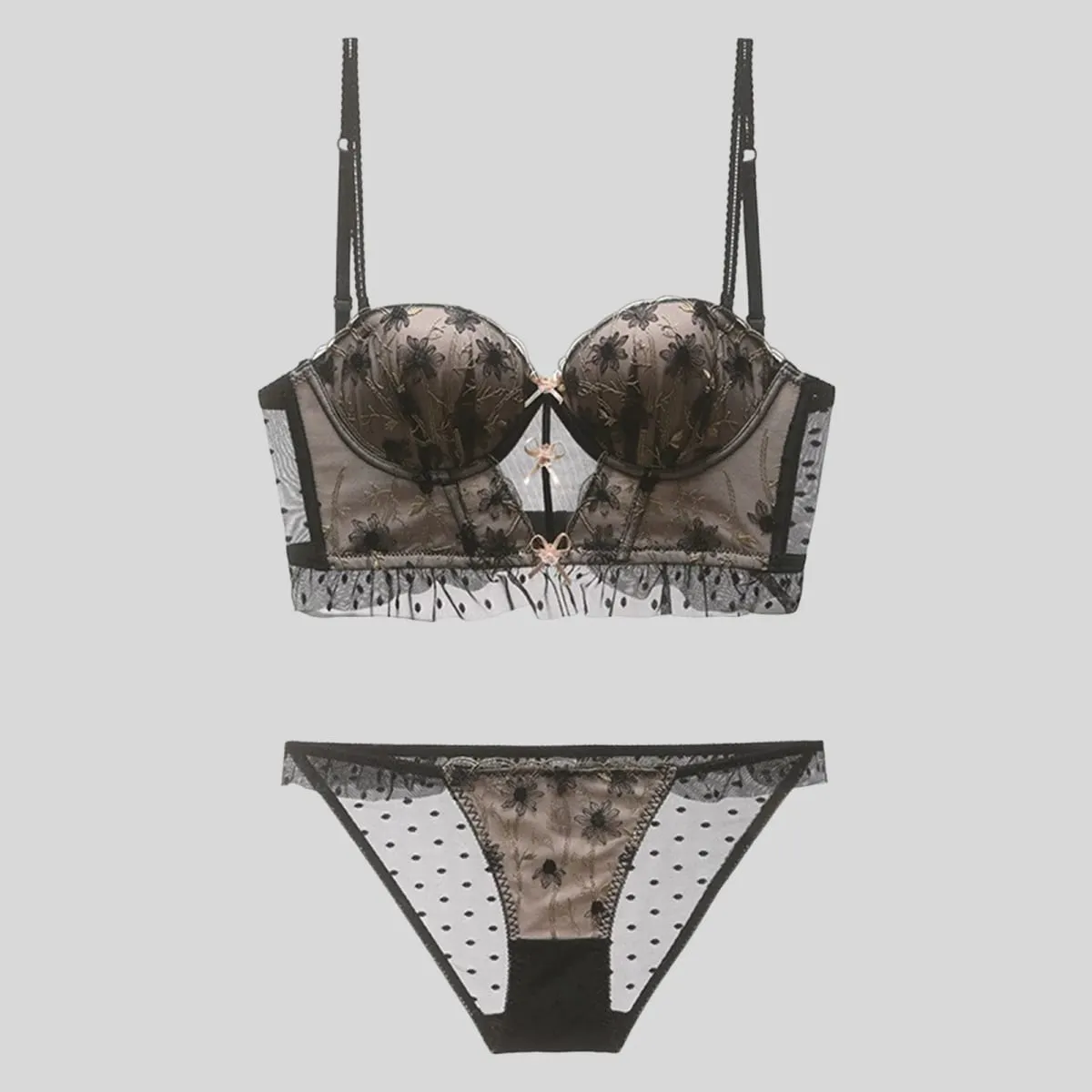Small Chest French Lace Underwear Women Bra Set See Through Ultra Thin Mesh Tube Bras And Panties 2 Piece Sleepwear Lingerie Set
