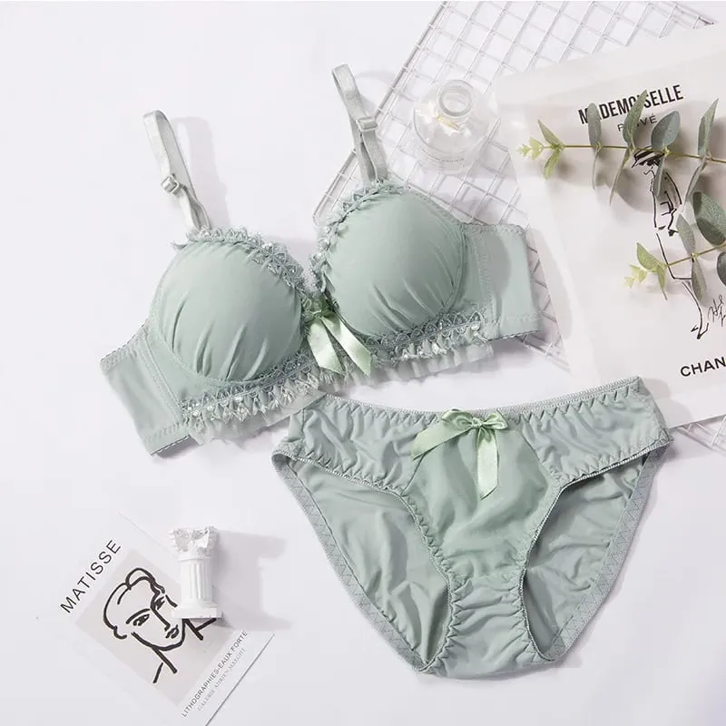 Women Lingerie Set Soft Memory Wire Ruffle Lace Bow Decor Intimate Underwear Suit No Pads Thin Breathable Adjustable Straps — image 7