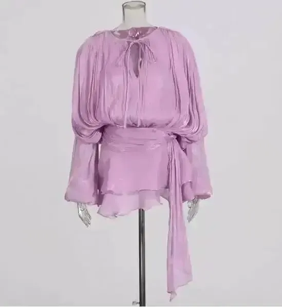 2026 Nuova moda estiva Abbigliamento donna girocollo maniche a lanterna abito corto in raso con pantaloncini sotto due pezzi