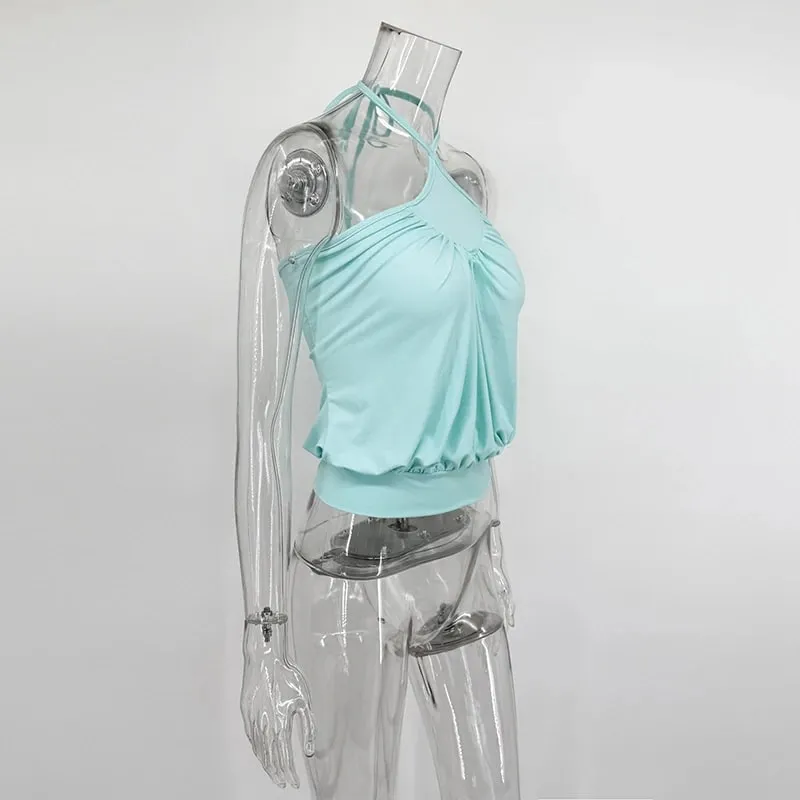 Typhaland Cross Neck-Mounted Camisole Women's Solid Sexy Backless Waist Cinching Pleated Stretch Casual Commuting Female Top — image 5