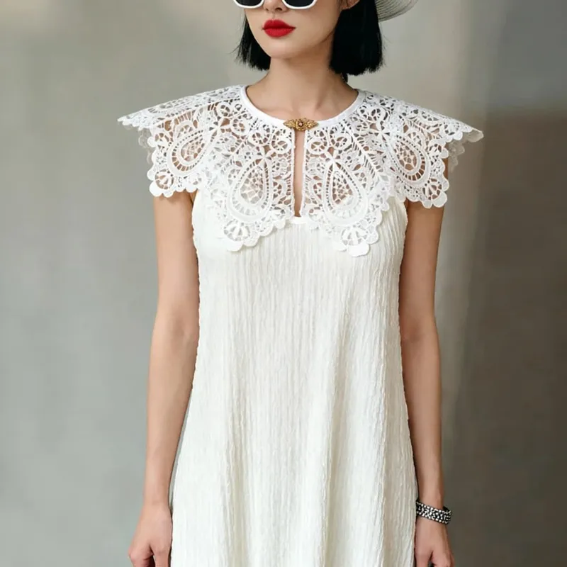 Pleated Sleeveless Elastic Long Dresses Women Vintage Palace Style Womens Black White Doll Fake Collar Soft Midi Dress Clothing — image 18