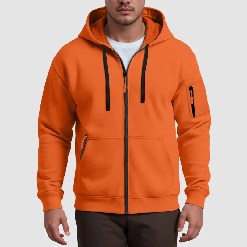 Men's Hoodies Solid Color Loose Zip Up Jacket Arm Zipper Pocket Hoodies Sand Hoodie Men — image 2