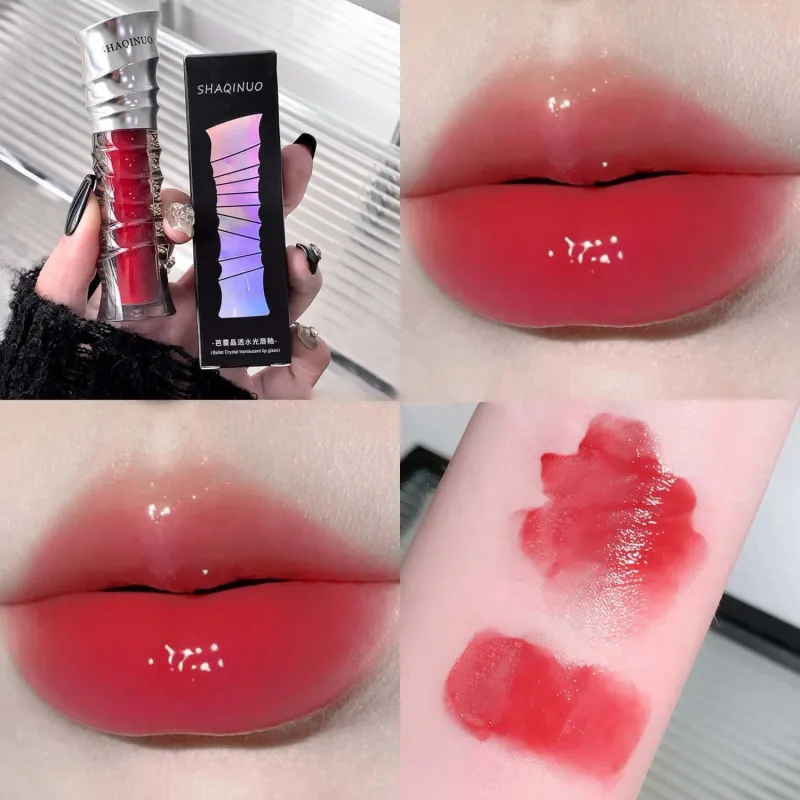 Crystal Punk Red-Brown Glossy Lip Stain Mirror Lip Glaze Sheer Nude Glitter Lip Tint Watery Shine Plumping Makeup Cosmetics