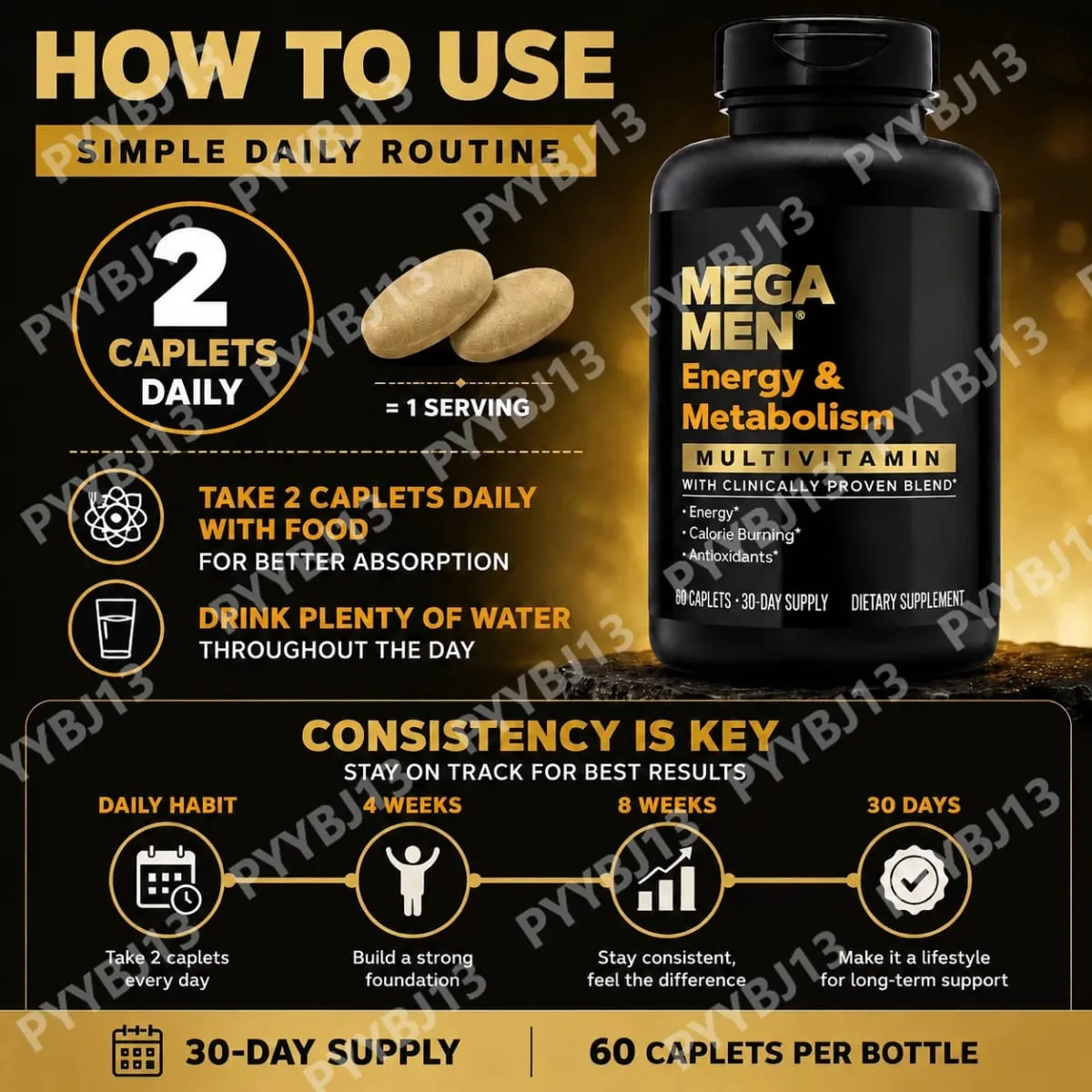Mega Men Energy & Metabolism Multivitamin Caplets with Lutein Lycopene Zeaxanthin Antioxidants Vitamins Minerals 60 Caplets — image 6