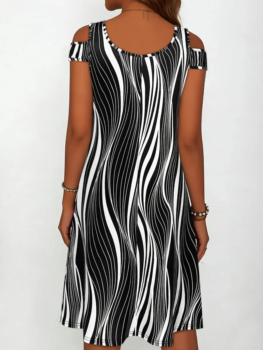 Women's Black White Wavy Stripe Print Cold Shoulder Midi Dress Summer Casual V Neck Short Sleeve A Line Flowy Sundress