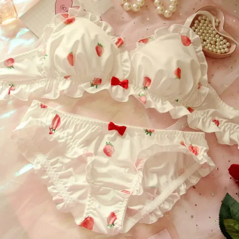 Strawberry Milk Silk Bra & Panties Set Wirefree Soft Underwear Set Kawaii Lolita Bra and Panty Pink Lingerie — image 2