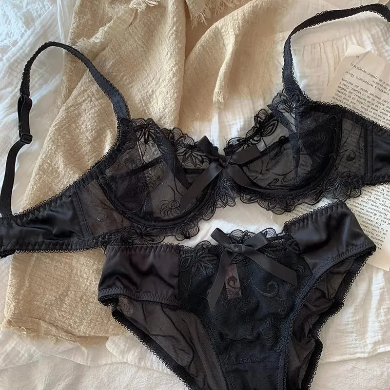 Sheer Non Padded Bralette for Small Boobs Ultra Thin Adjustable Lace Bra Sexy Halterneck Lingerie Set for Women BANERDANNI — image 6