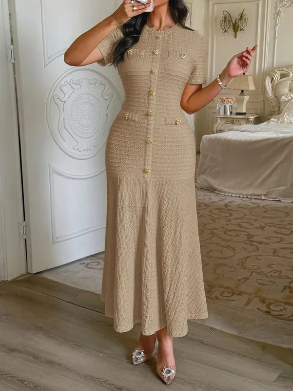 Women's Solid Color Midi Dress Short Sleeve Gold Button Decorated Fitted Flared Hem Gown Elegant Retro Outfit Dating & Parties — image 5