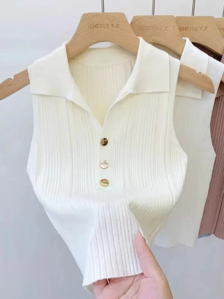 Zjaiss 2026 Spring Summer Slim Versatile Camisole Women's Polo Lapel Tank Tops Vest Ice Silk Knit Sleeveless Tops